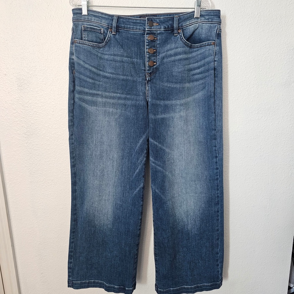 NYDJ Womens Wide Leg Jeans Blue Button Fly Lift Tuck Technology Size 14